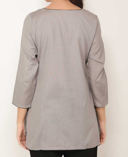 Peacock Lotus Mandala Grey and Black Cotton Tunic Top