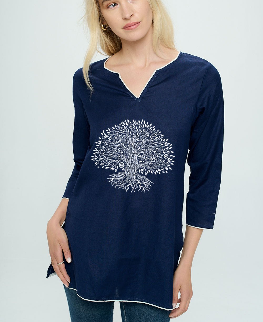 Tree of Life Blue Cotton Tunic Top – Avantigarde